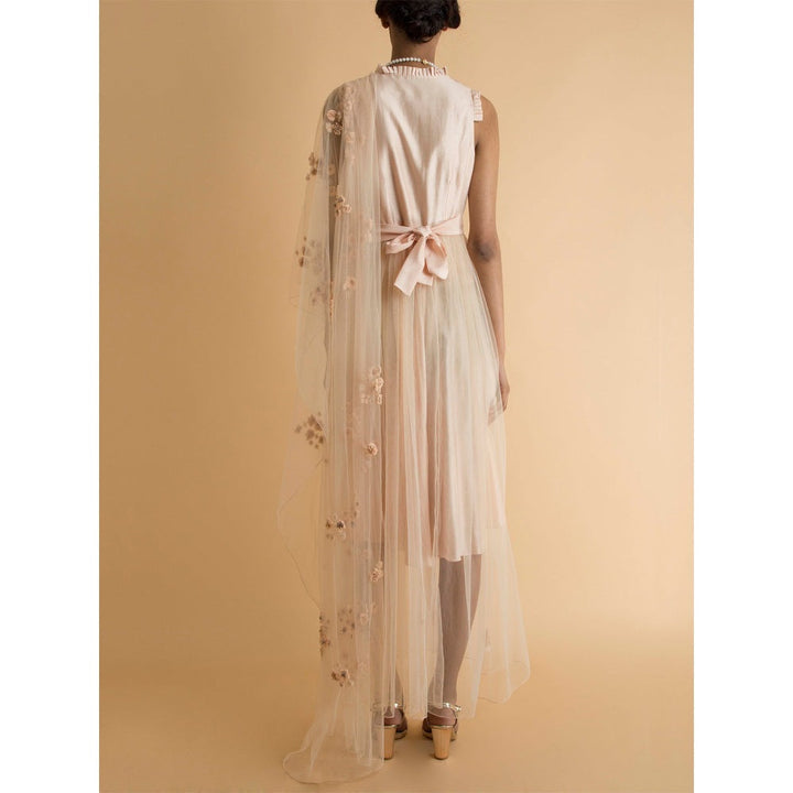 Saksham & Neharicka Beige Embroidered Sheer Dress With Drape