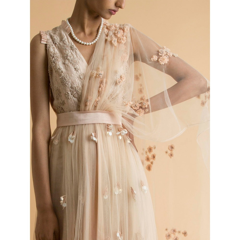 Saksham & Neharicka Beige Embroidered Sheer Dress With Drape