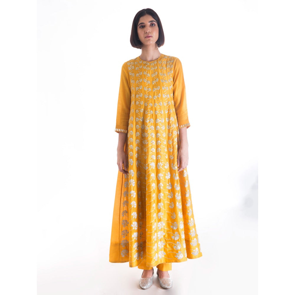Saksham And Neharicka Yellow Chanderi Embroidered Anarkali Kurta Set