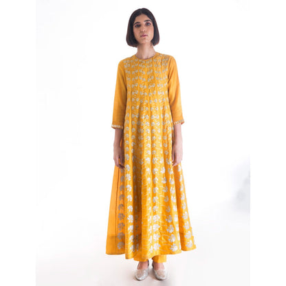 Saksham And Neharicka Yellow Chanderi Embroidered Anarkali Kurta Set