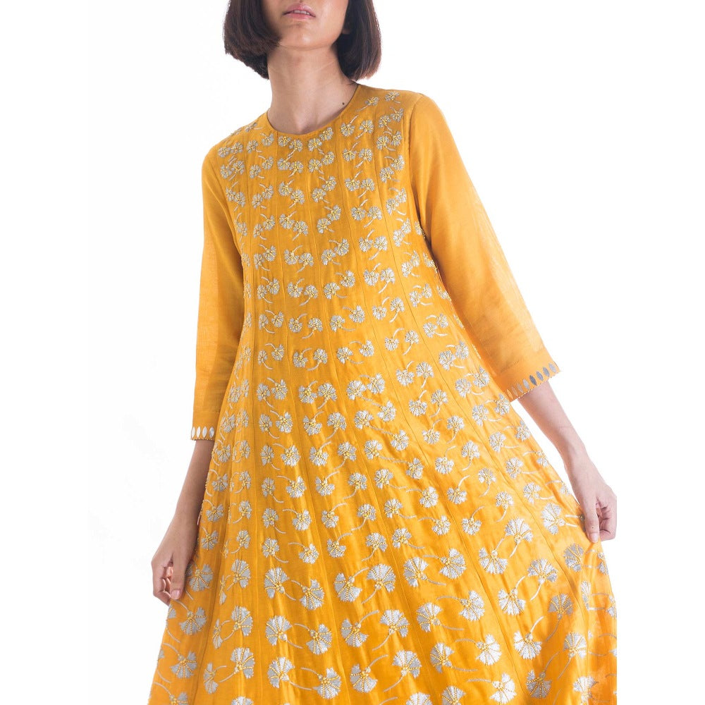 Saksham And Neharicka Yellow Chanderi Embroidered Anarkali Kurta Set