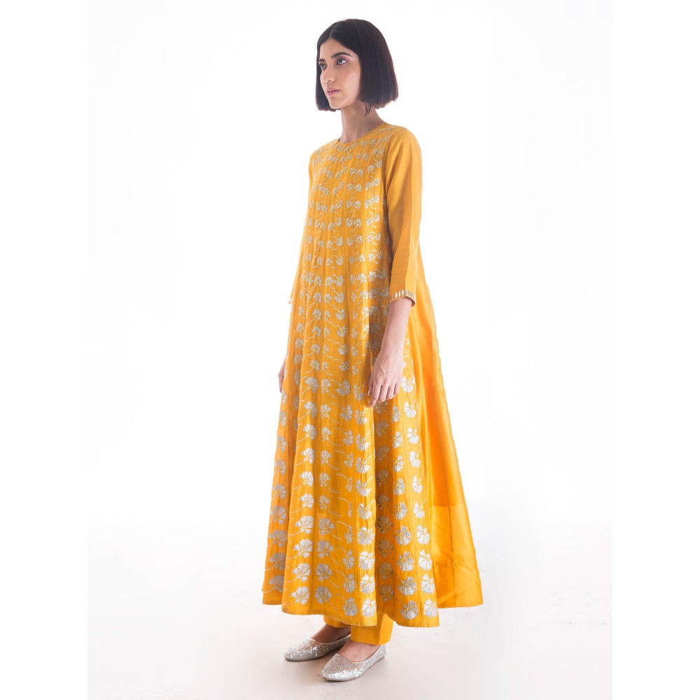Saksham And Neharicka Yellow Chanderi Embroidered Anarkali Kurta Set