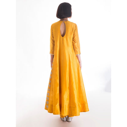 Saksham And Neharicka Yellow Chanderi Embroidered Anarkali Kurta Set