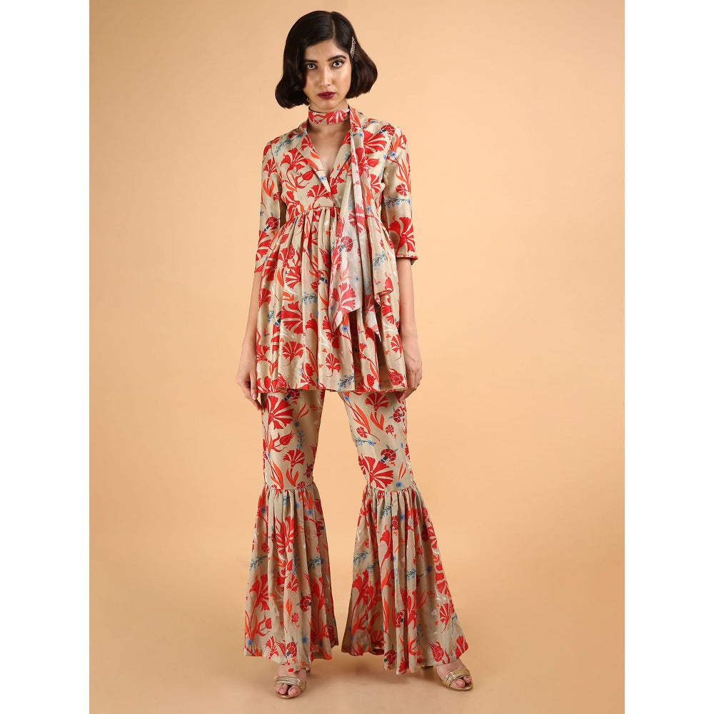 Saksham & Neharicka Beige Carnations Kurta With Sharara And Stole (Set of 3)