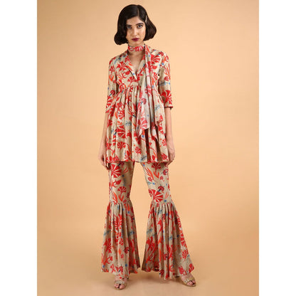 Saksham & Neharicka Beige Carnations Kurta With Sharara And Stole (Set of 3)