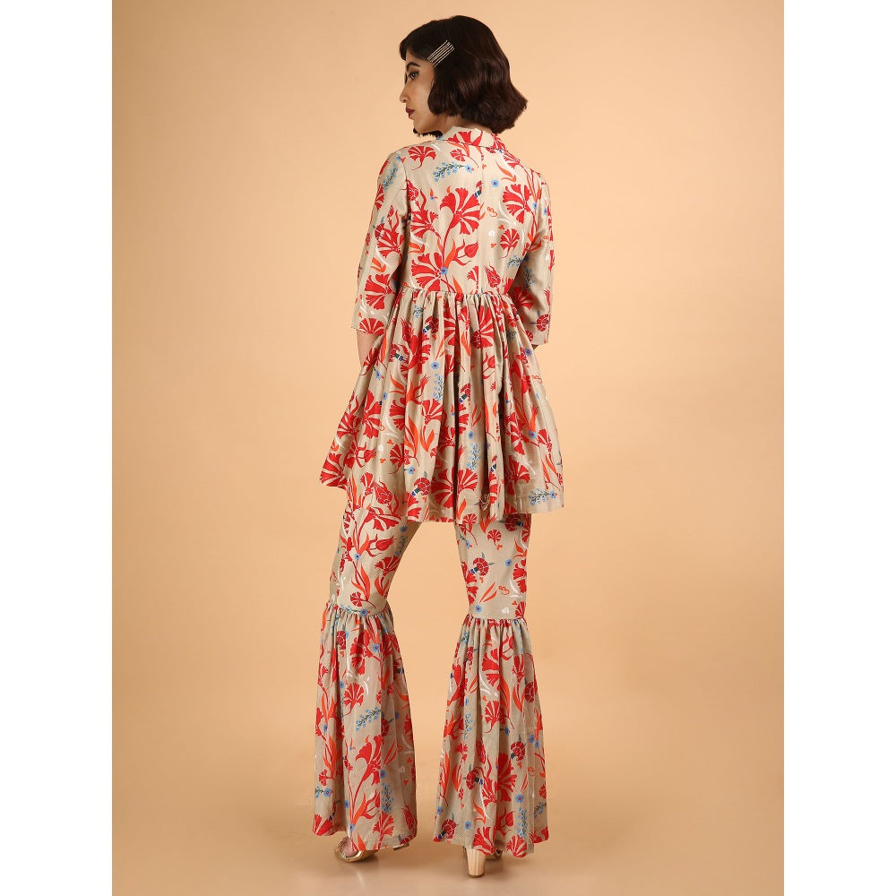 Saksham & Neharicka Beige Carnations Kurta With Sharara And Stole (Set of 3)