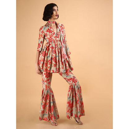 Saksham & Neharicka Beige Carnations Kurta With Sharara And Stole (Set of 3)