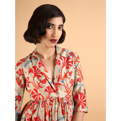 Saksham & Neharicka Beige Carnations Kurta With Sharara And Stole (Set of 3)