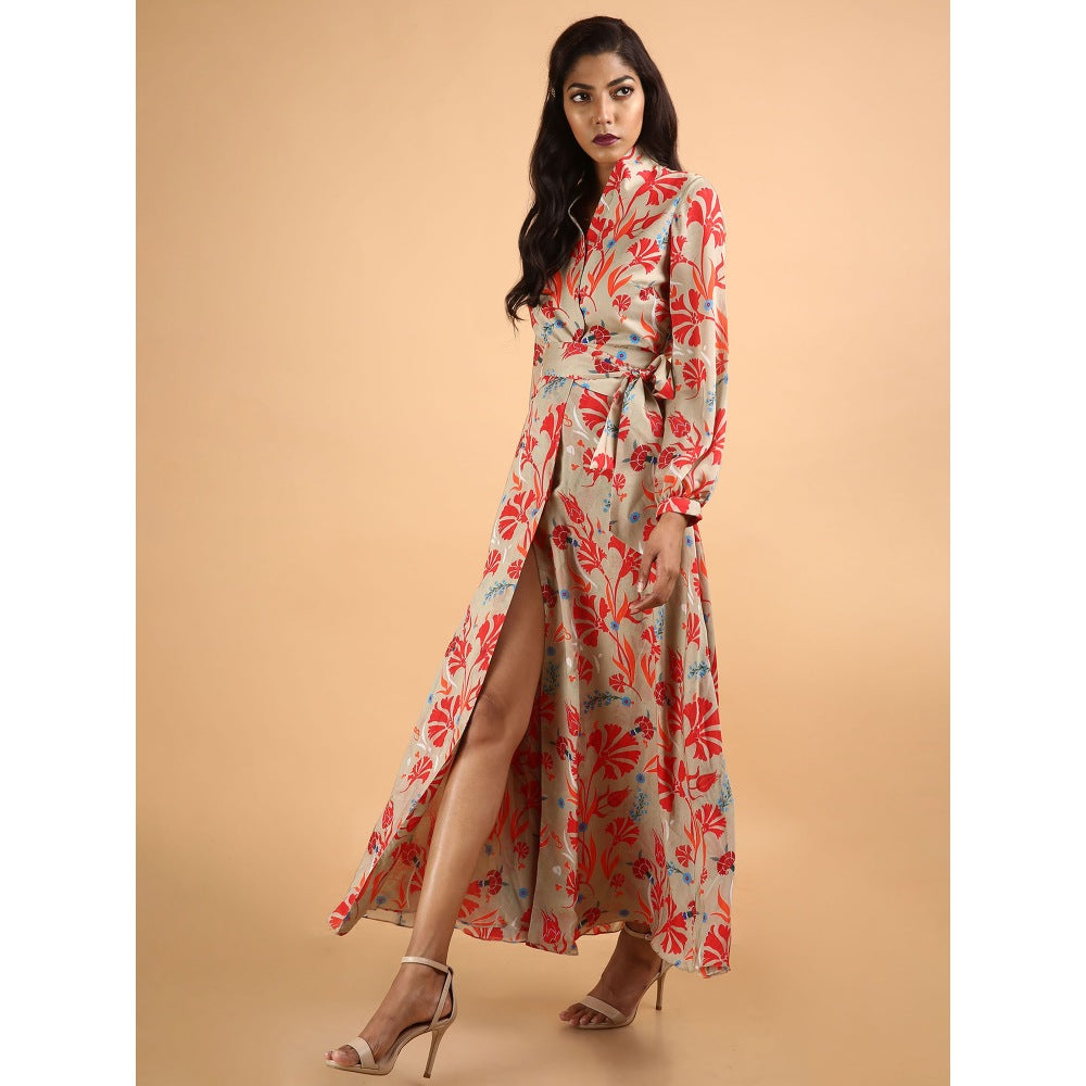 Saksham & Neharicka Beige Carnations Wrap Dress
