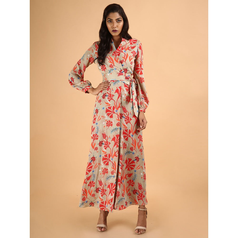 Saksham & Neharicka Beige Carnations Wrap Dress