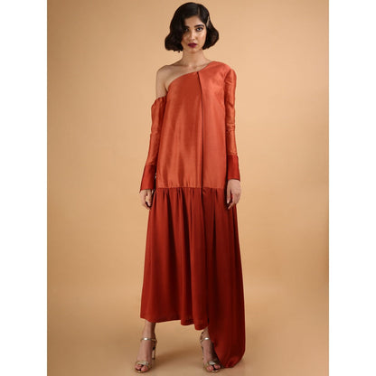 Saksham & Neharicka Rust Brick Asymmetric One Shoulder Dress
