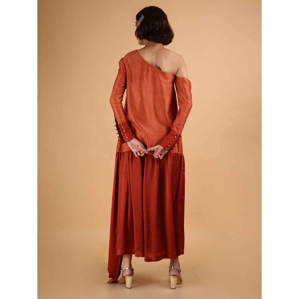 Saksham & Neharicka Rust Brick Asymmetric One Shoulder Dress