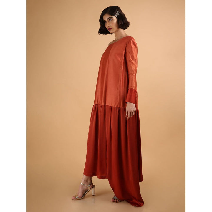 Saksham & Neharicka Rust Brick Asymmetric One Shoulder Dress