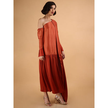 Saksham & Neharicka Rust Brick Asymmetric One Shoulder Dress