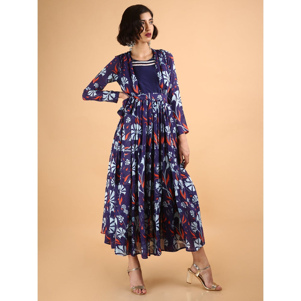 Saksham & Neharicka Blue Carnations Flare Printed Dress