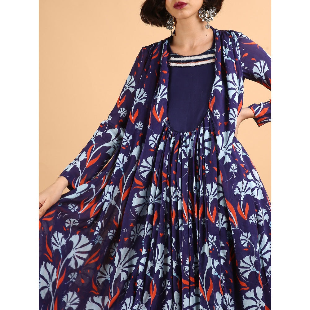 Saksham & Neharicka Blue Carnations Flare Printed Dress