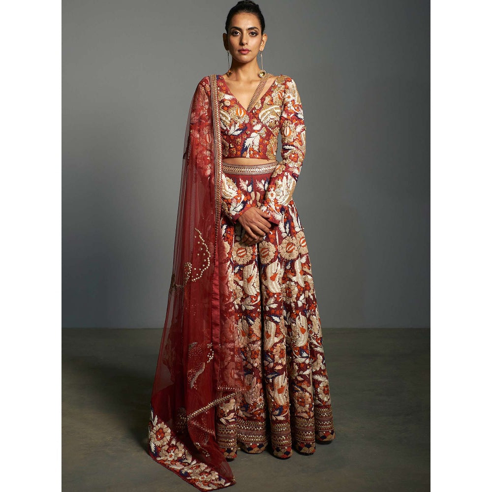 Saksham & Neharicka Red Embroidered Stitched Blouse & Lehenga With Dupatta (Set of 3)