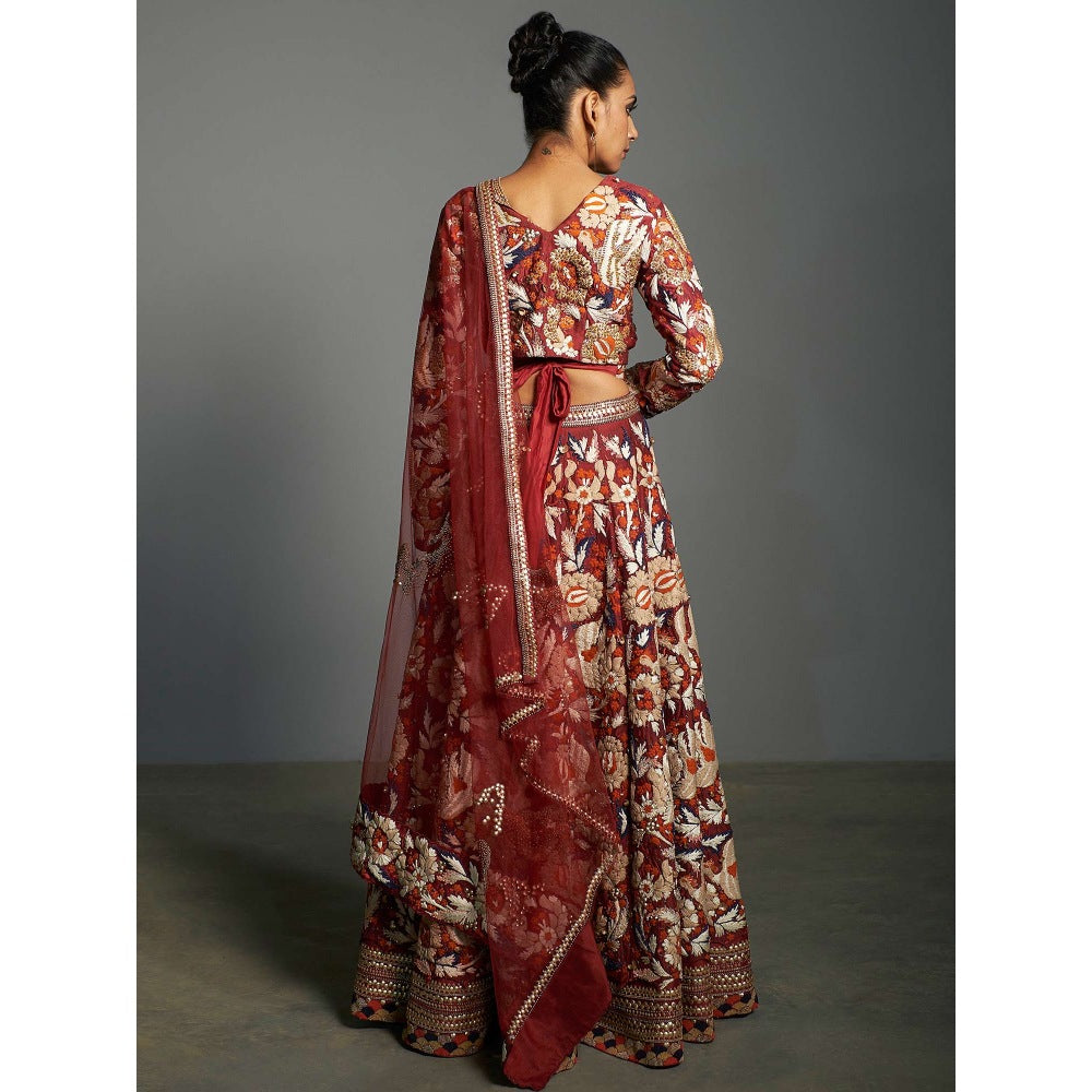 Saksham & Neharicka Red Embroidered Stitched Blouse & Lehenga With Dupatta (Set of 3)