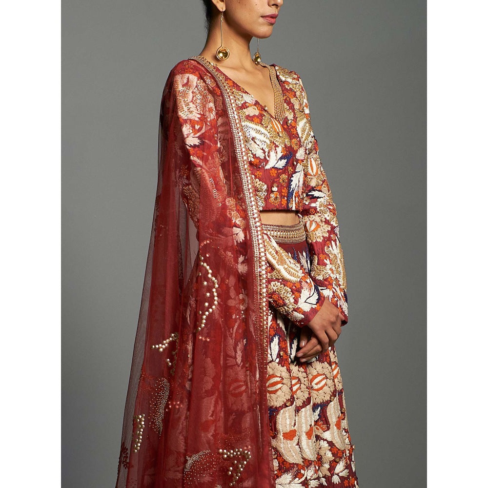 Saksham & Neharicka Red Embroidered Stitched Blouse & Lehenga With Dupatta (Set of 3)