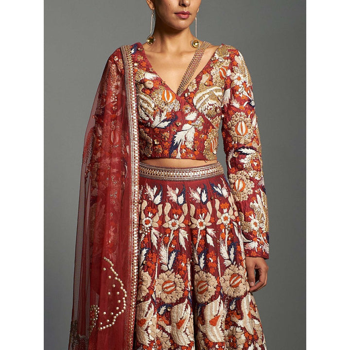 Saksham & Neharicka Red Embroidered Stitched Blouse & Lehenga With Dupatta (Set of 3)
