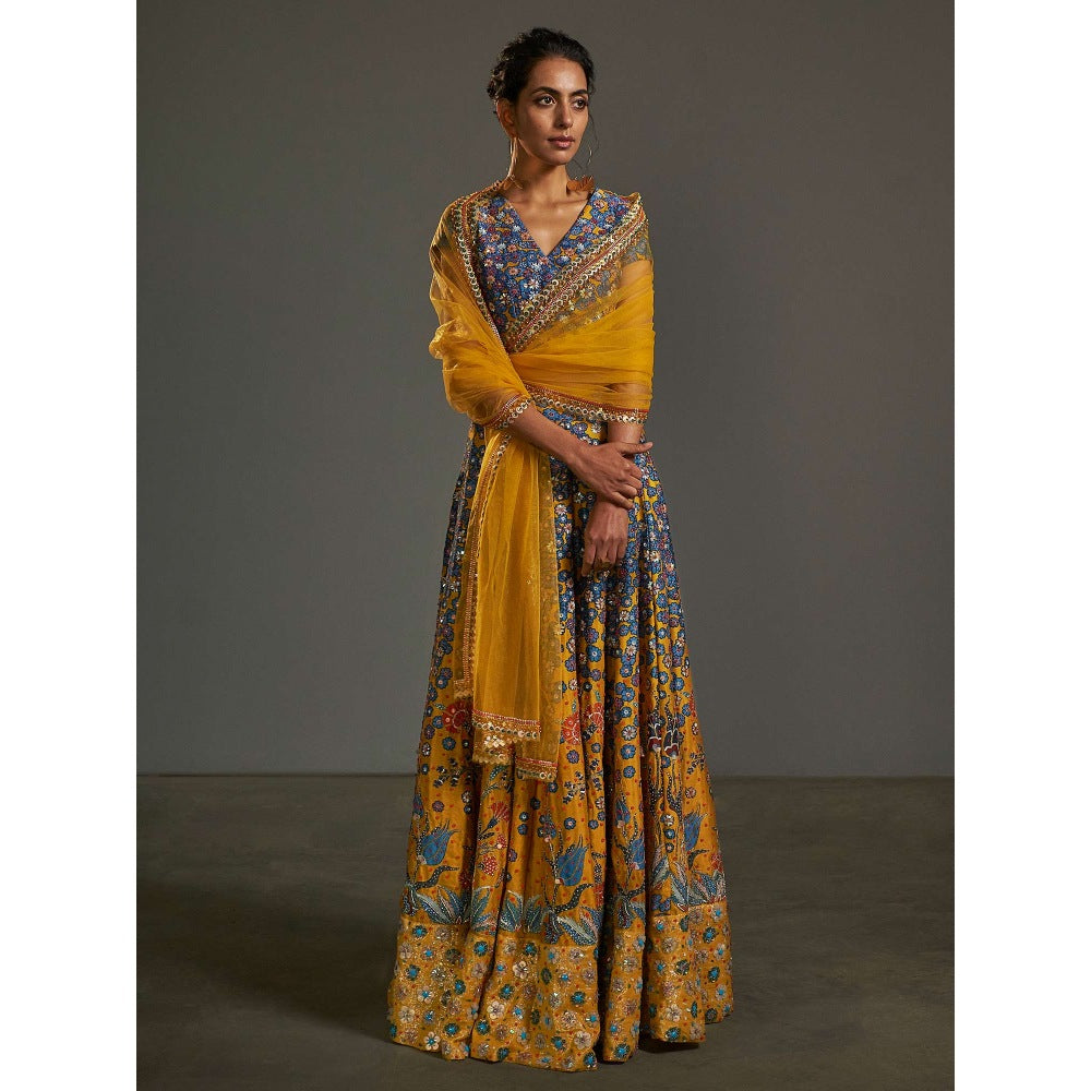 Saksham & Neharicka Multi-Color Printed Stitched Blouse & Lehenga Set (Set of 3)