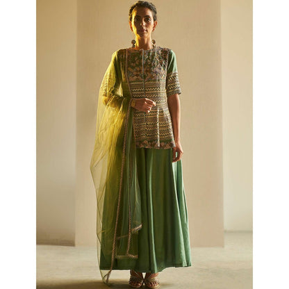 Saksham & Neharicka Olive Embroidered Tunic & Sharara With Dupatta (Set of 3)