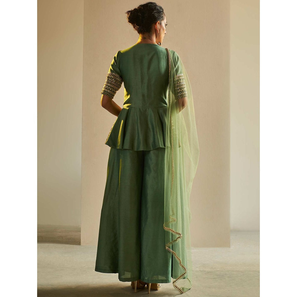 Saksham & Neharicka Olive Embroidered Tunic & Sharara With Dupatta (Set of 3)