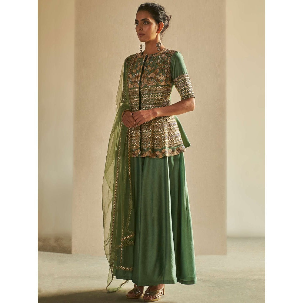 Saksham & Neharicka Olive Embroidered Tunic & Sharara With Dupatta (Set of 3)