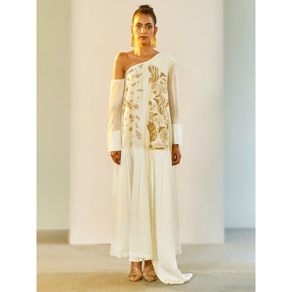 Saksham & Neharicka Off White One Shoulder Dress