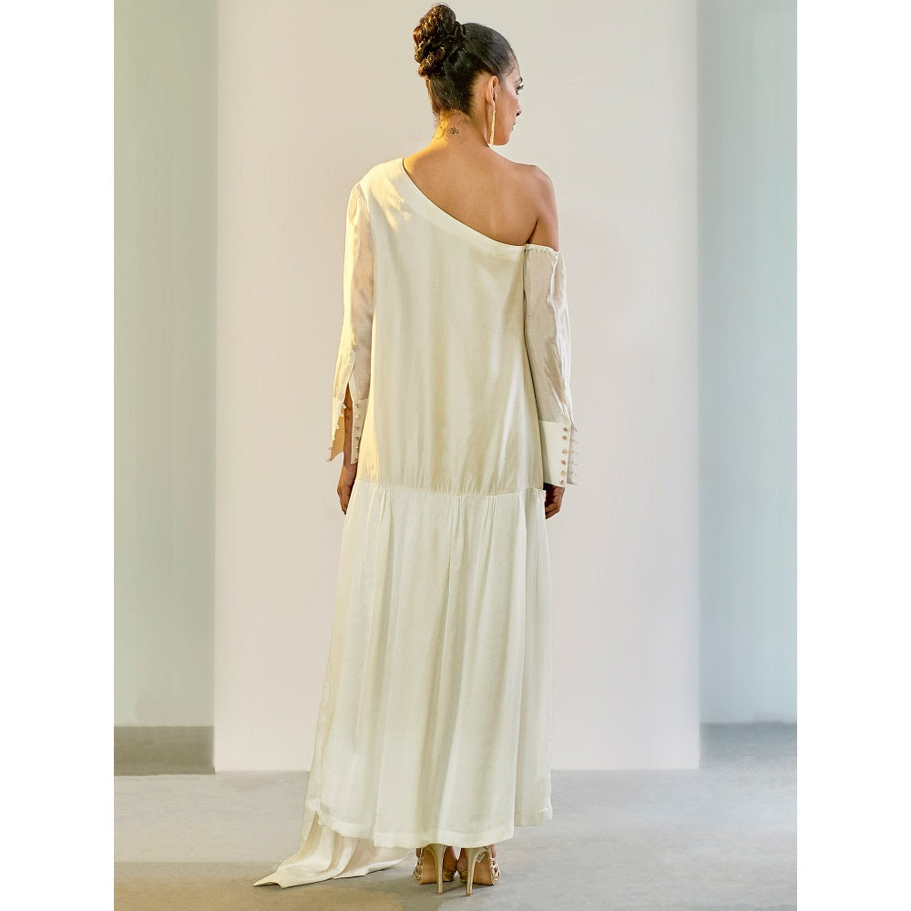 Saksham & Neharicka Off White One Shoulder Dress