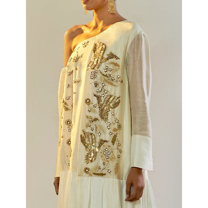 Saksham & Neharicka Off White One Shoulder Dress