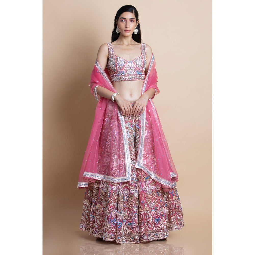 Saksham & Neharicka Rose Pink Embroidered Organza Lehenga Set (Set of 3)