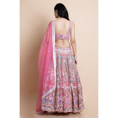Saksham & Neharicka Rose Pink Embroidered Organza Lehenga Set (Set of 3)