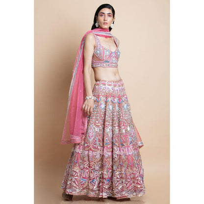 Saksham & Neharicka Rose Pink Embroidered Organza Lehenga Set (Set of 3)