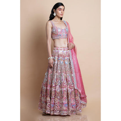 Saksham & Neharicka Rose Pink Embroidered Organza Lehenga Set (Set of 3)