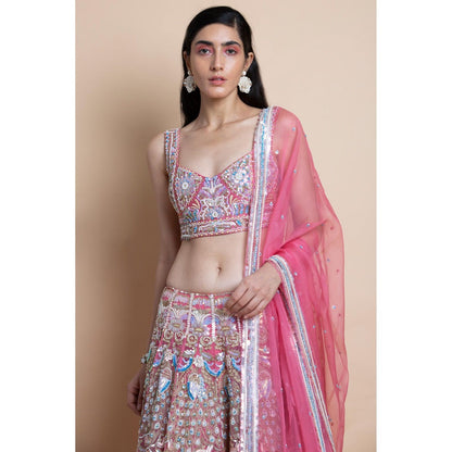 Saksham & Neharicka Rose Pink Embroidered Organza Lehenga Set (Set of 3)
