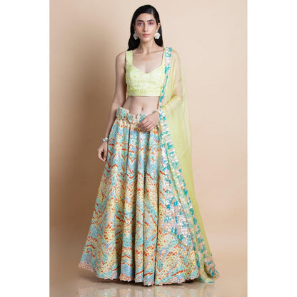 Saksham & Neharicka Yellow Printed Lehenga & Blouse With Dupatta (Set of 3)