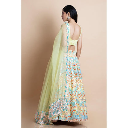 Saksham & Neharicka Yellow Printed Lehenga & Blouse With Dupatta (Set of 3)