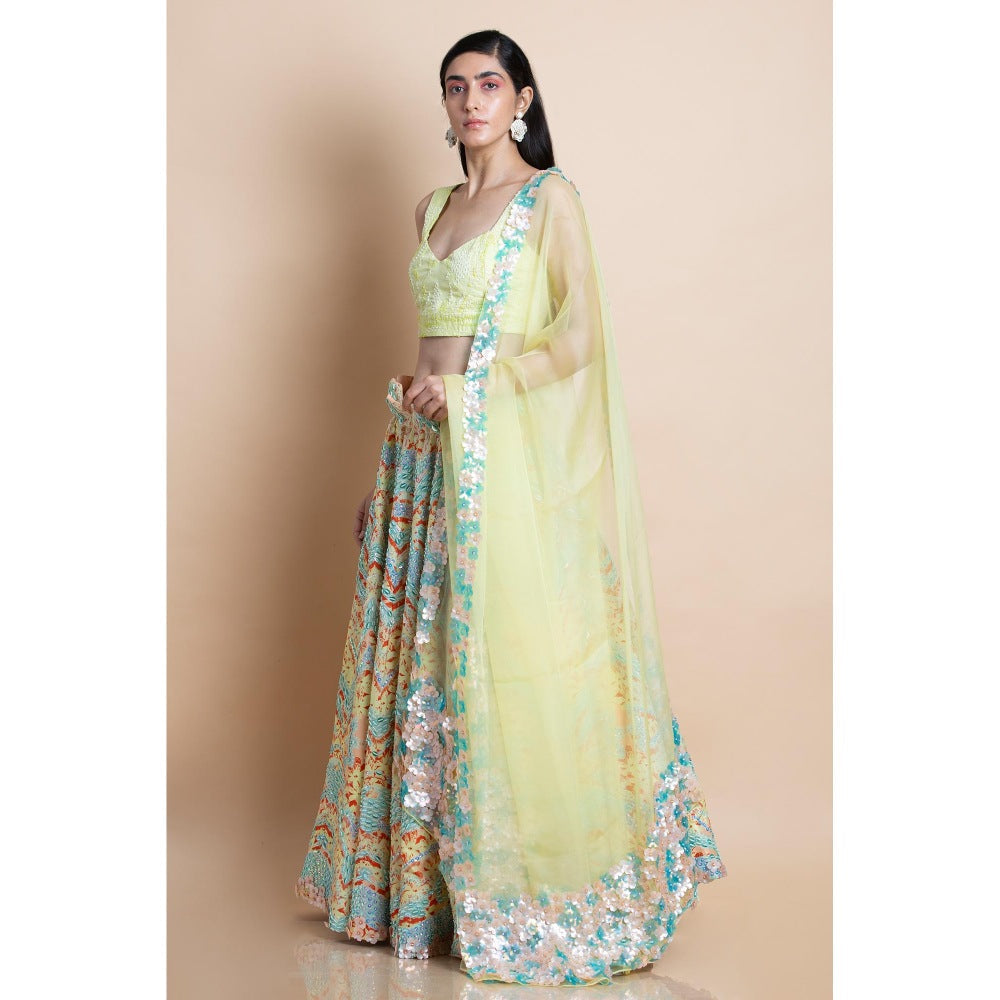 Saksham & Neharicka Yellow Printed Lehenga & Blouse With Dupatta (Set of 3)