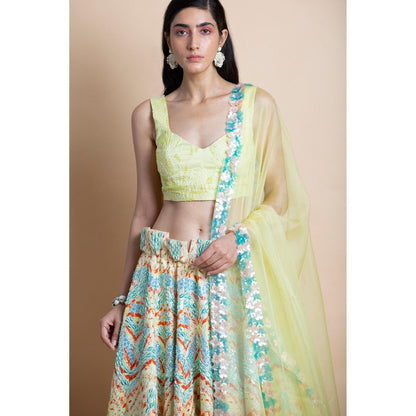 Saksham & Neharicka Yellow Printed Lehenga & Blouse With Dupatta (Set of 3)