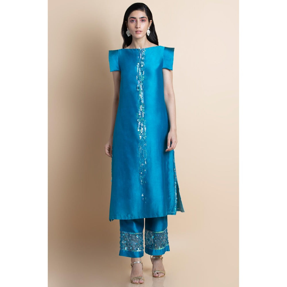 Saksham & Neharicka Blue Skydive Boatneck Embellished Kurta With Pant (Set of 2)