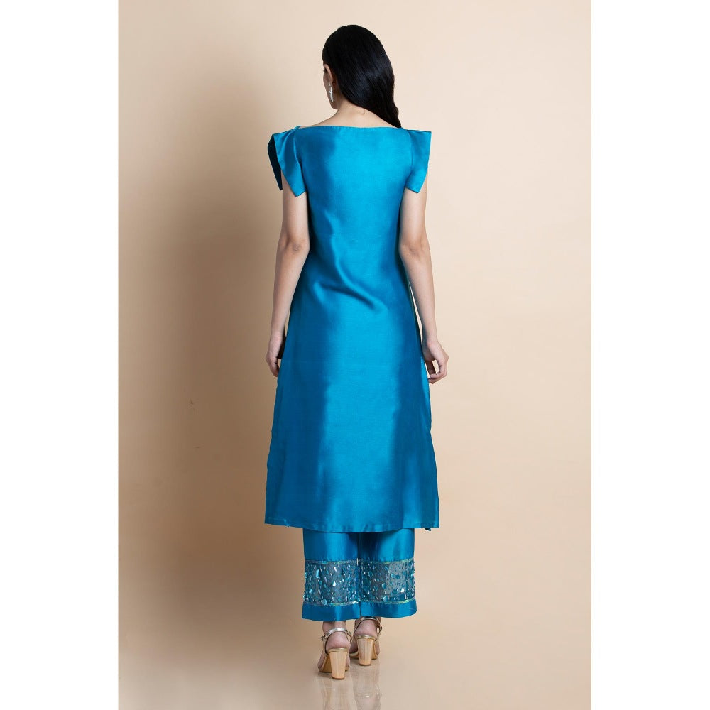 Saksham & Neharicka Blue Skydive Boatneck Embellished Kurta With Pant (Set of 2)
