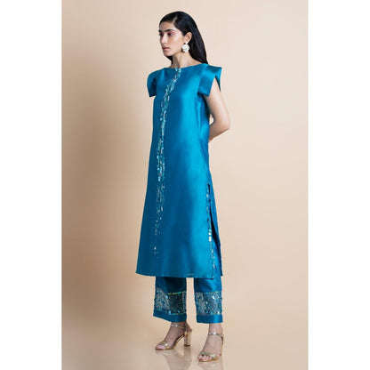 Saksham & Neharicka Blue Skydive Boatneck Embellished Kurta With Pant (Set of 2)