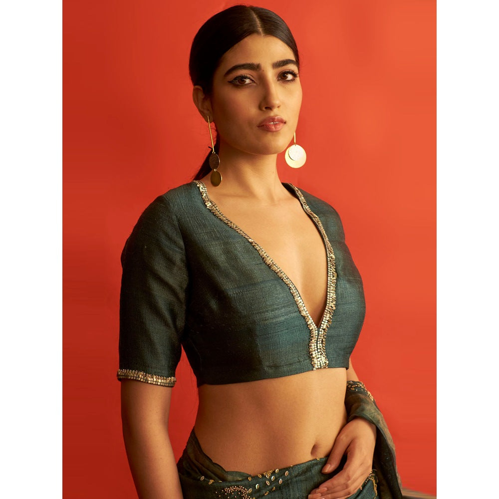 Saksham & Neharicka Emerald Green Embroidered Silk Blouse