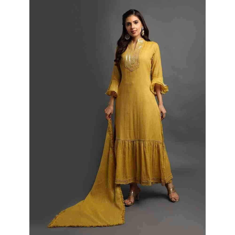 Ishnya Modern Indian - Long Dress with Ruffled Sleeves - Mustard (Set of 3)