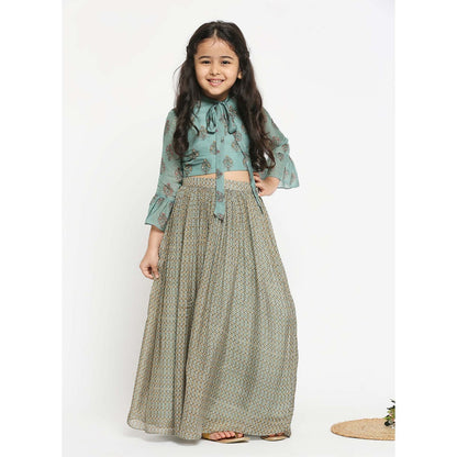 Soup by Sougat Paul Printed Skirt Paired With Bell Sleeves Crop Top