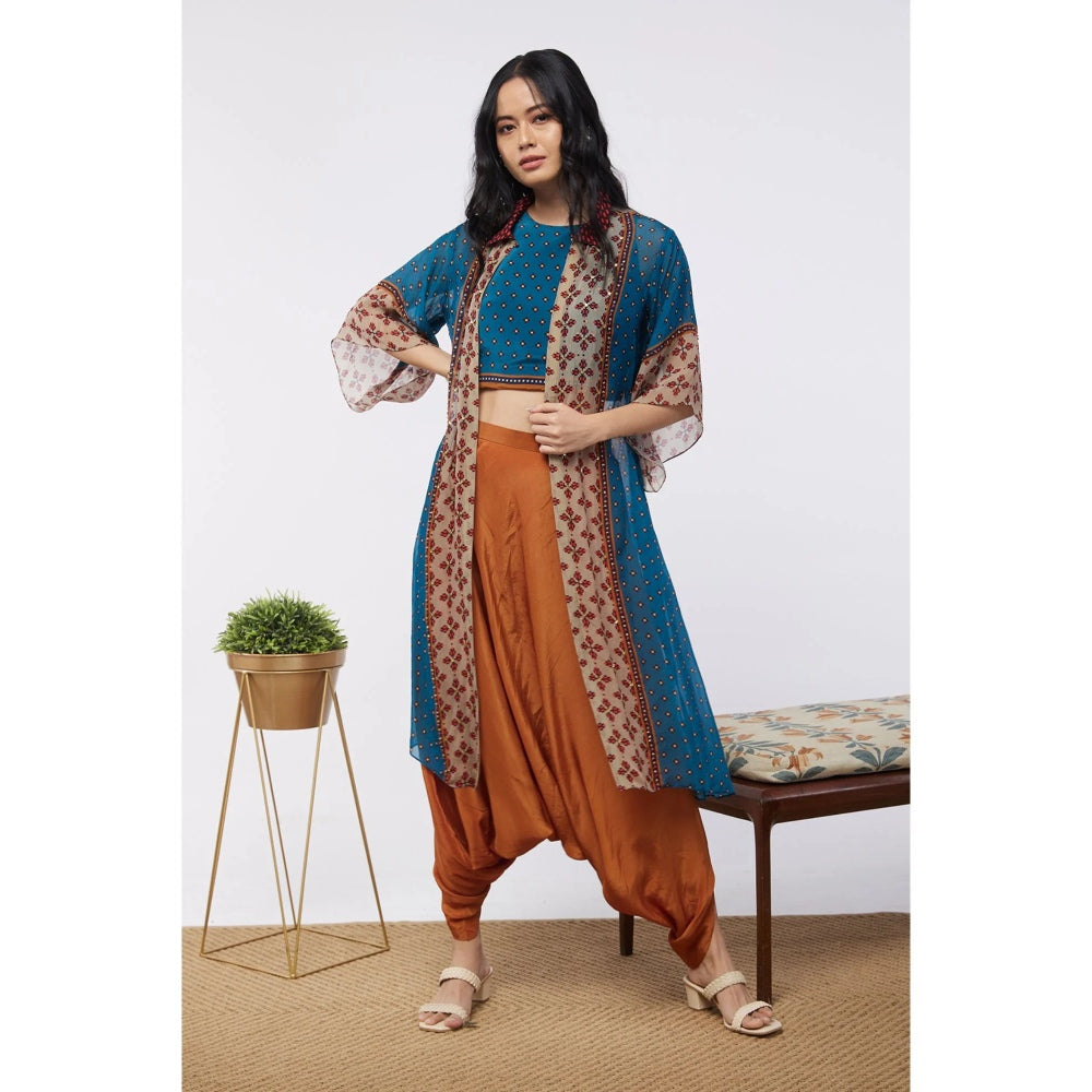 Soup by Sougat Paul Blue & Orange Elements Printed Crop Top and Dhoti with Jacket (Set of 3)