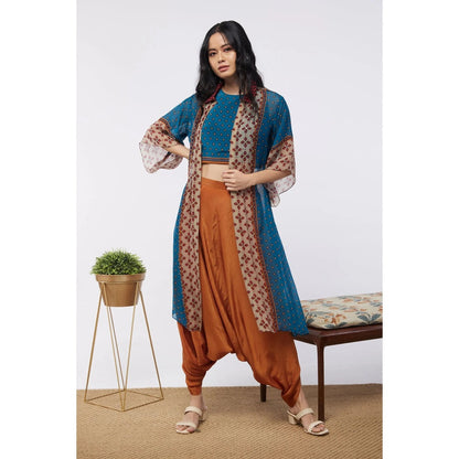 Soup by Sougat Paul Blue & Orange Elements Printed Crop Top and Dhoti with Jacket (Set of 3)