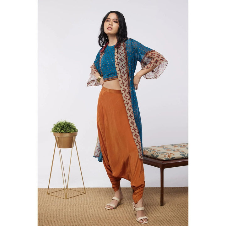 Soup by Sougat Paul Blue & Orange Elements Printed Crop Top and Dhoti with Jacket (Set of 3)