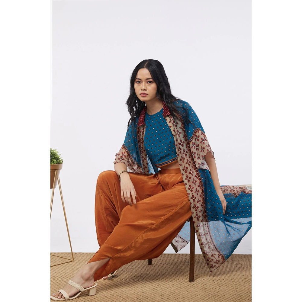Soup by Sougat Paul Blue & Orange Elements Printed Crop Top and Dhoti with Jacket (Set of 3)